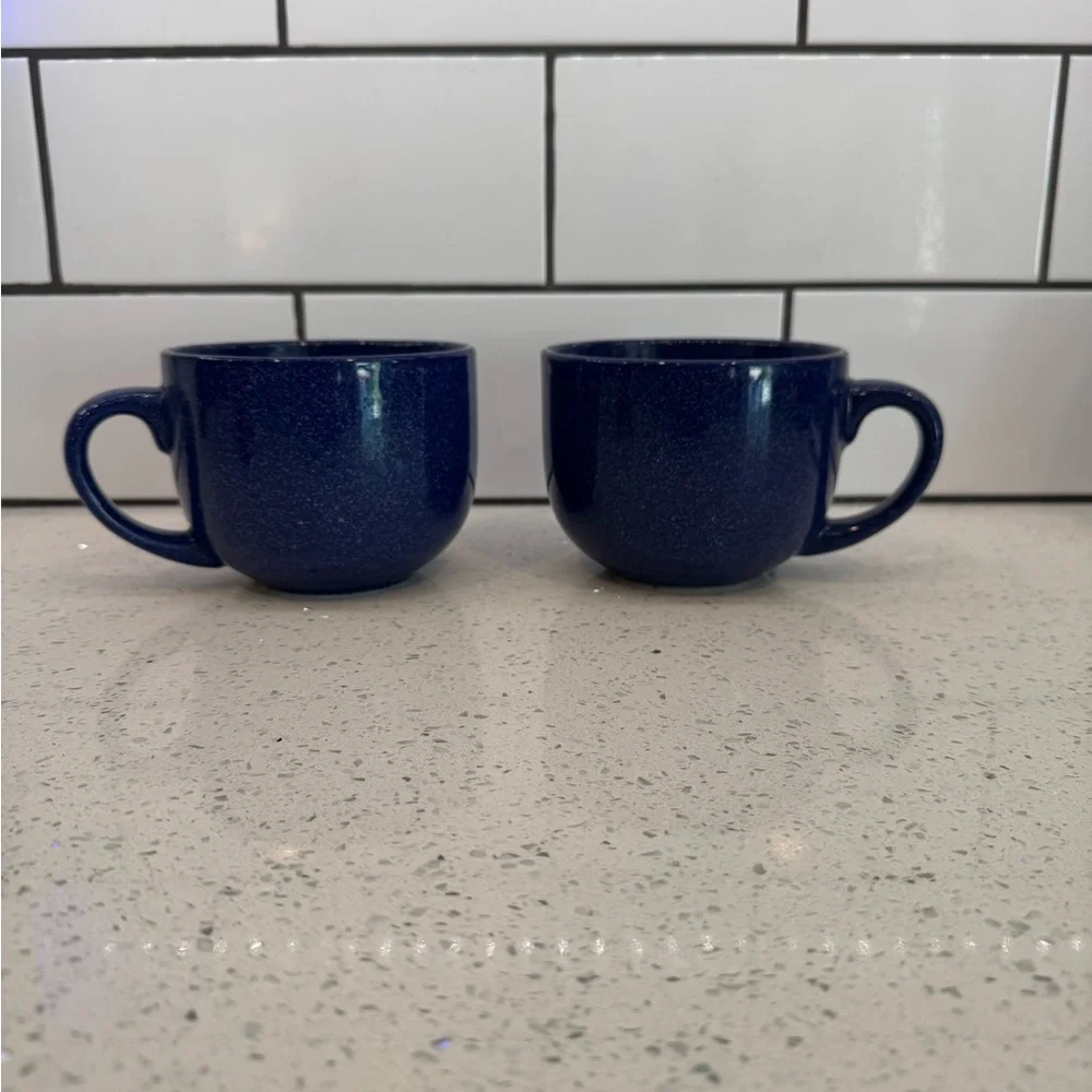 Pier 1 Imports Set of 2 Stoneware Speckled Blue Jumbo Soup or Cappuccino Mugs